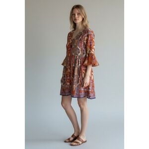 Raga Dress‎ Babydoll Mini Bell Sleeve Southwest Orange Bohemian Aztec Small NEW